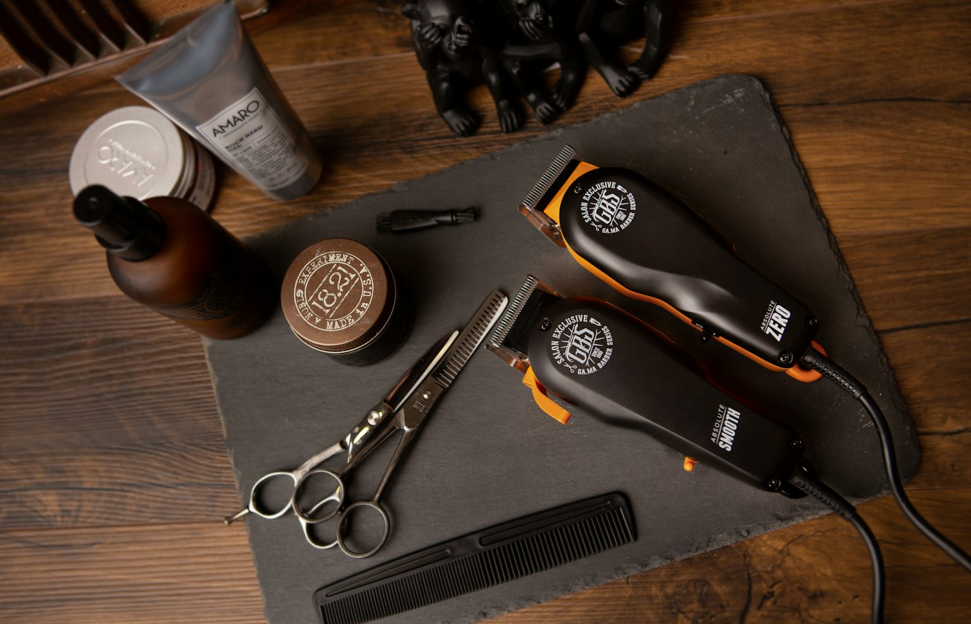 Clippers, combs and barber tools laid out